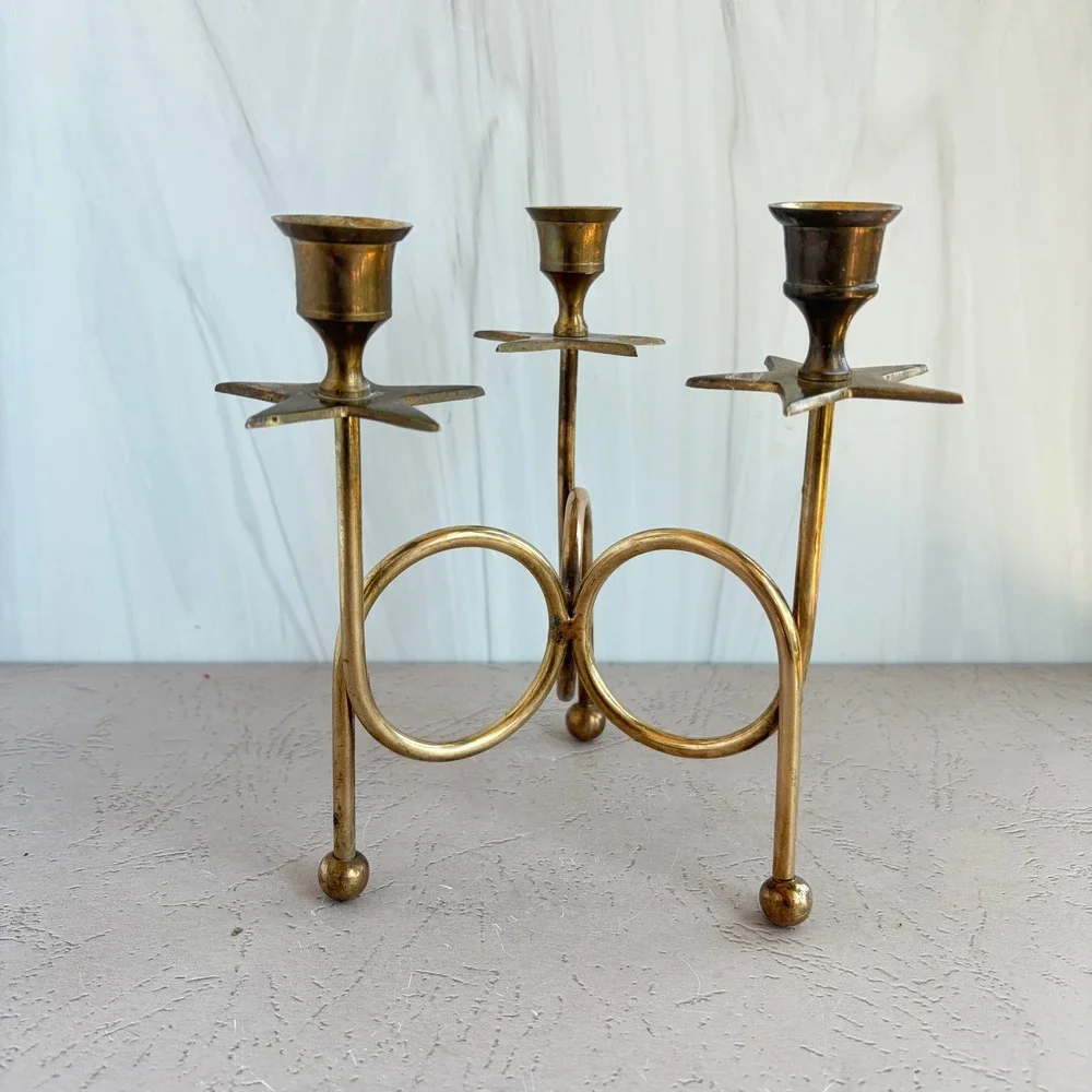 Vintage Brass Star Candelabra Pair Celestial 3-Light Taper Candle Holders Set 2